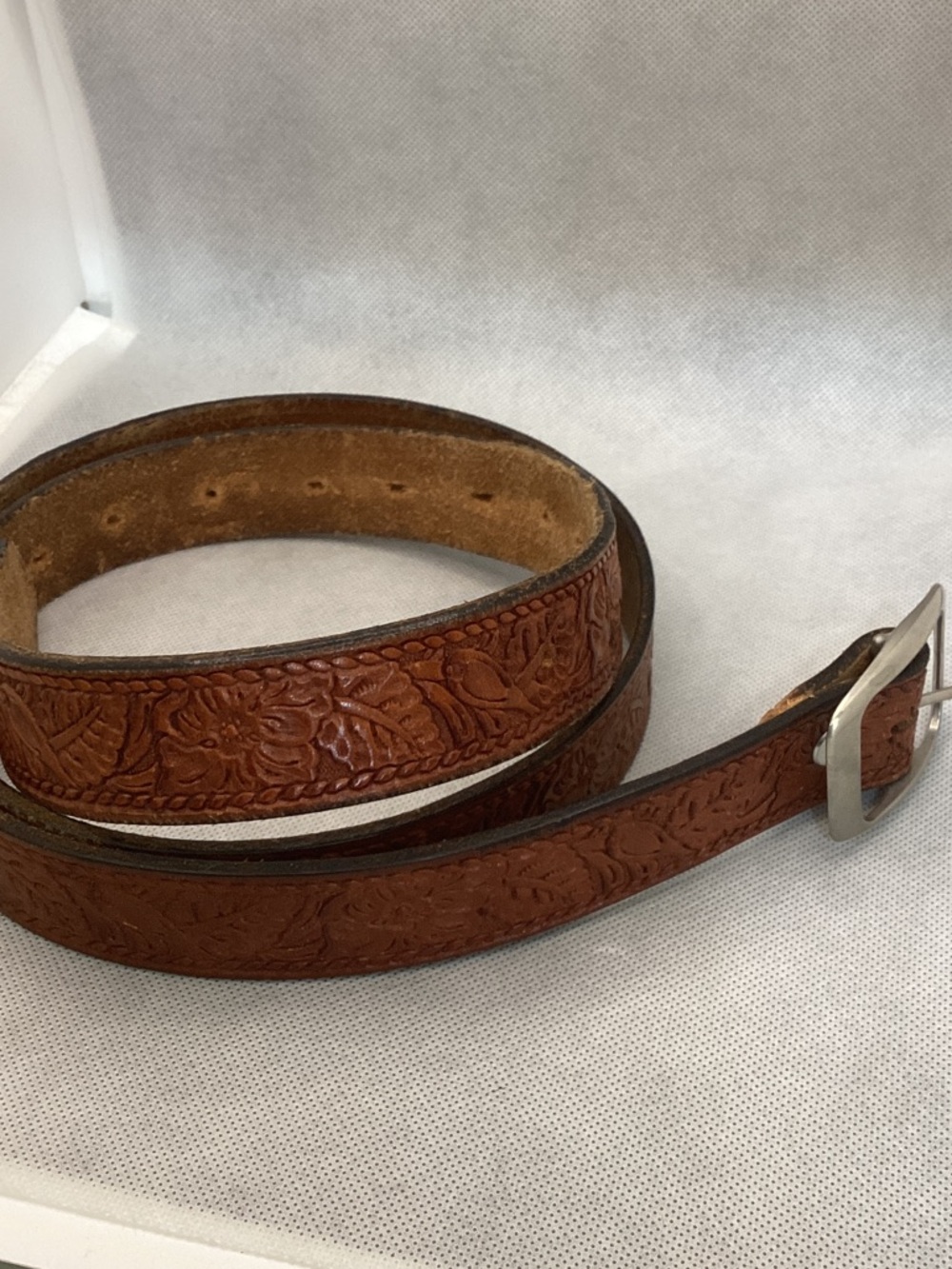 Vintage Tooled Leather Belt Brown Floral Western Style Silver Buckle